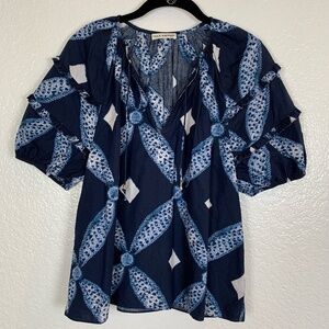 Ulla Johnson Arusi Cotton Poplin Top Size 2 Diamonds Puff Sleeve Navy Blue